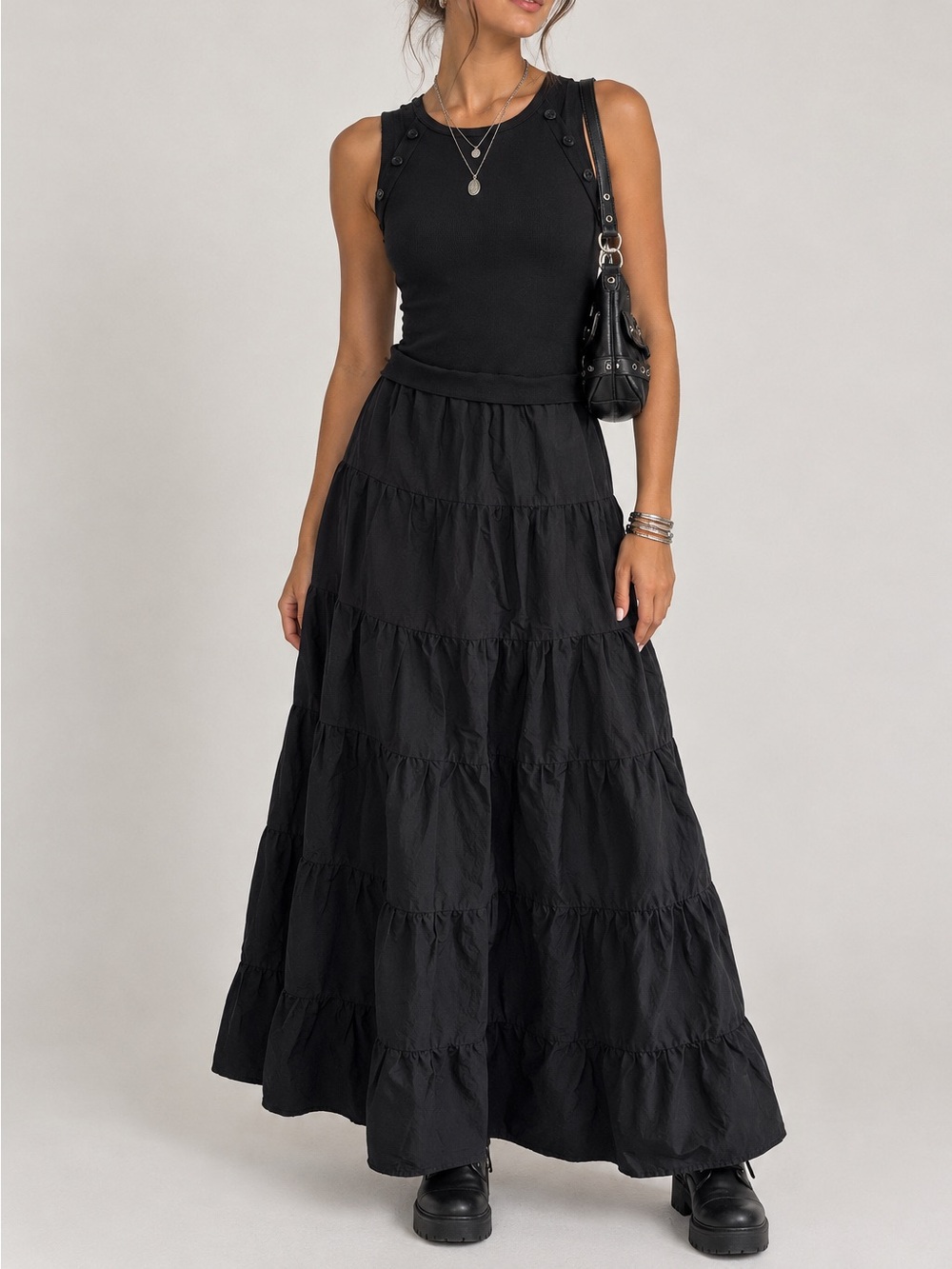 Nicole Miller Black Tiered Ruffle Ribbed Maxi Dress